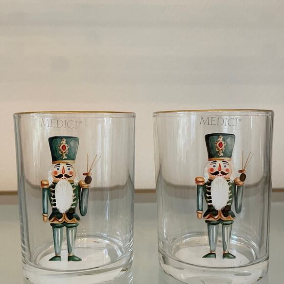 Medici Christmas Nutcracker Glass Tumblers 11oz Set of 2 Holiday Green Gold New - Picture 8 of 15